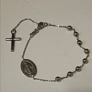 Sterling Silver Beaded Bracelet with Cross & Virgin Mary Medal